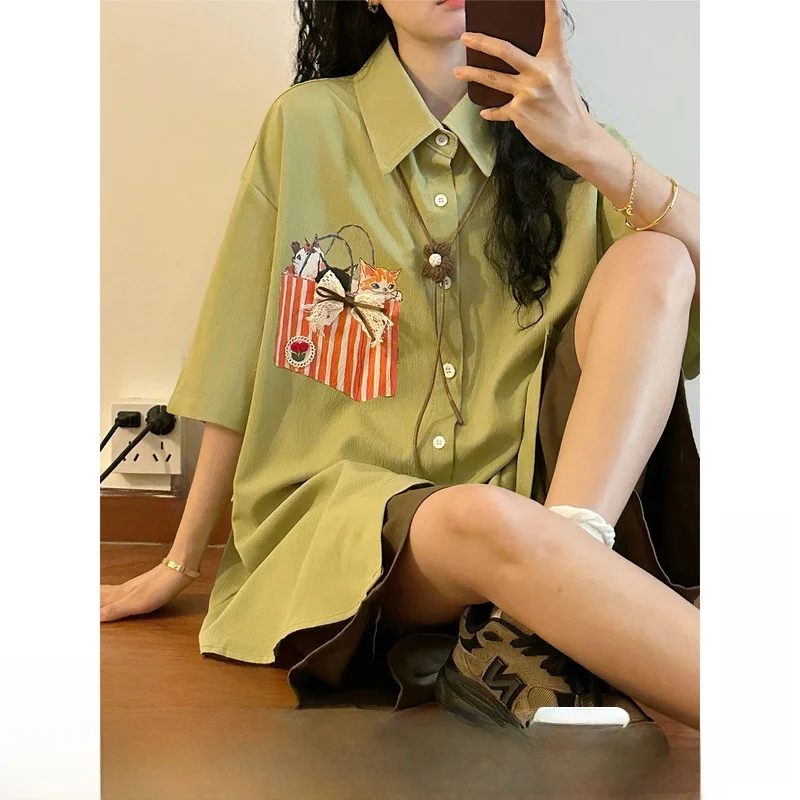 

Летняя уличная свободная женская рубашка с коротким рукавом, прочная, тонкая, модная, повседневная.