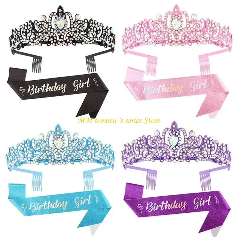 

Q39C Fashionable 2pcs Rhinestones Tiaras Headband and Sash Hairpiece Hair Accesories for Women’s Birthday Party Accessories