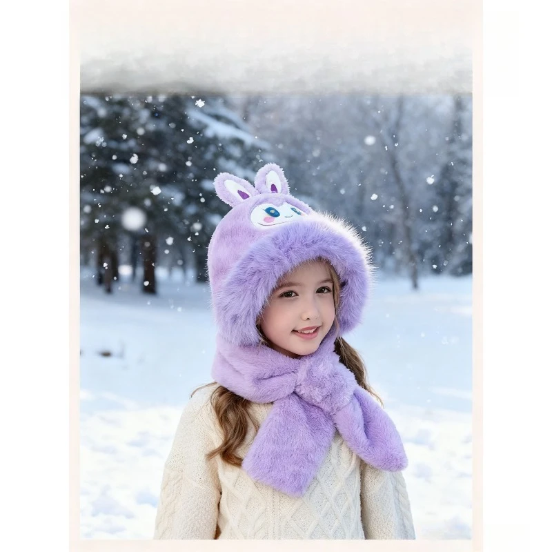 

Children's hat and scarf in one, cute and super cute in winter, thick and warm baby plush hat, ear protection hat