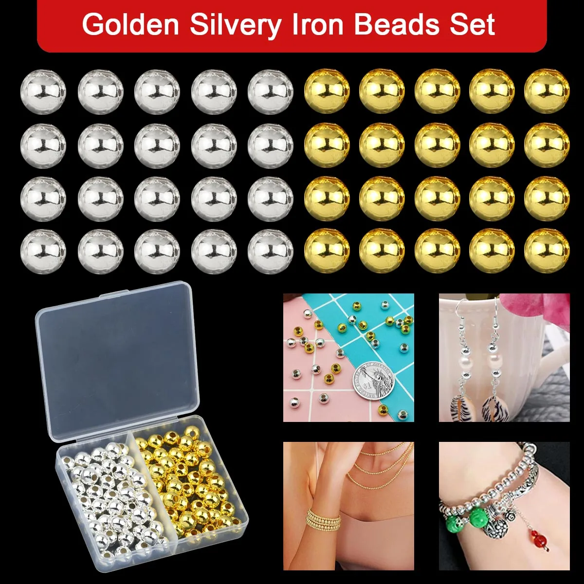 1 Box 2/3/4/5/6/8/10mm Metal Golden Plated Iron Beads Smooth Round Spacer Loose Beads For DIY Jewelry Making Bracelets Necklaces