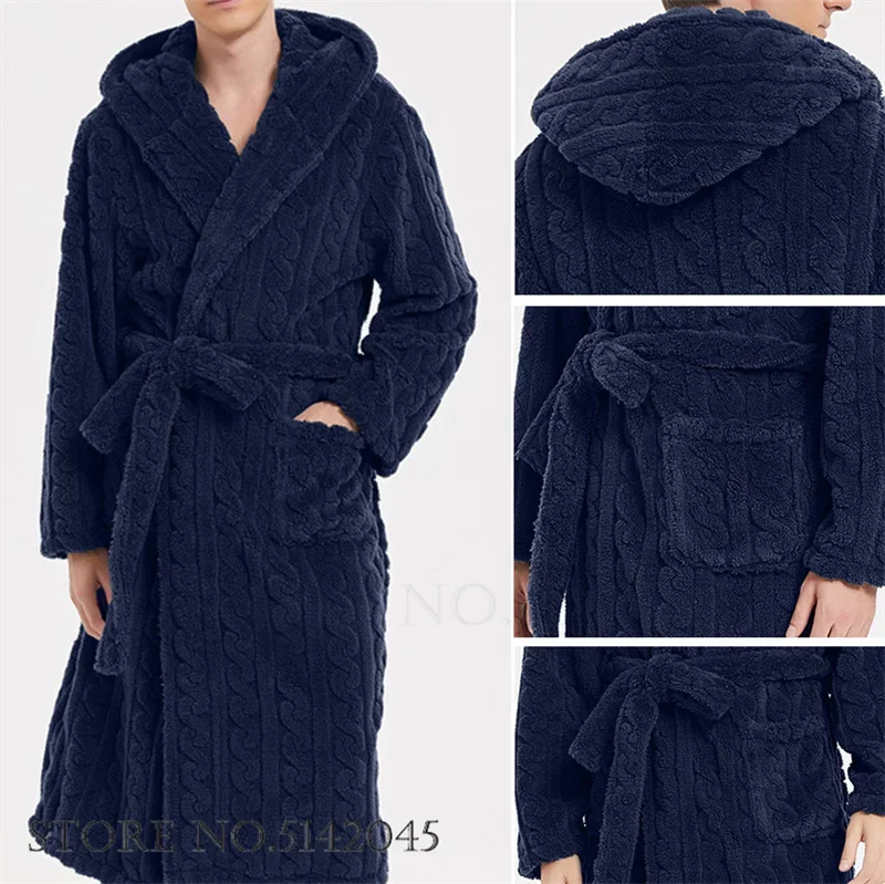 Winter Warm Plush Coral Fleece Robe Sleepwear Lounge Wear Thicken Jacquard Flannel Men Hooded Bathrobe Gown Home Wear Nightwear