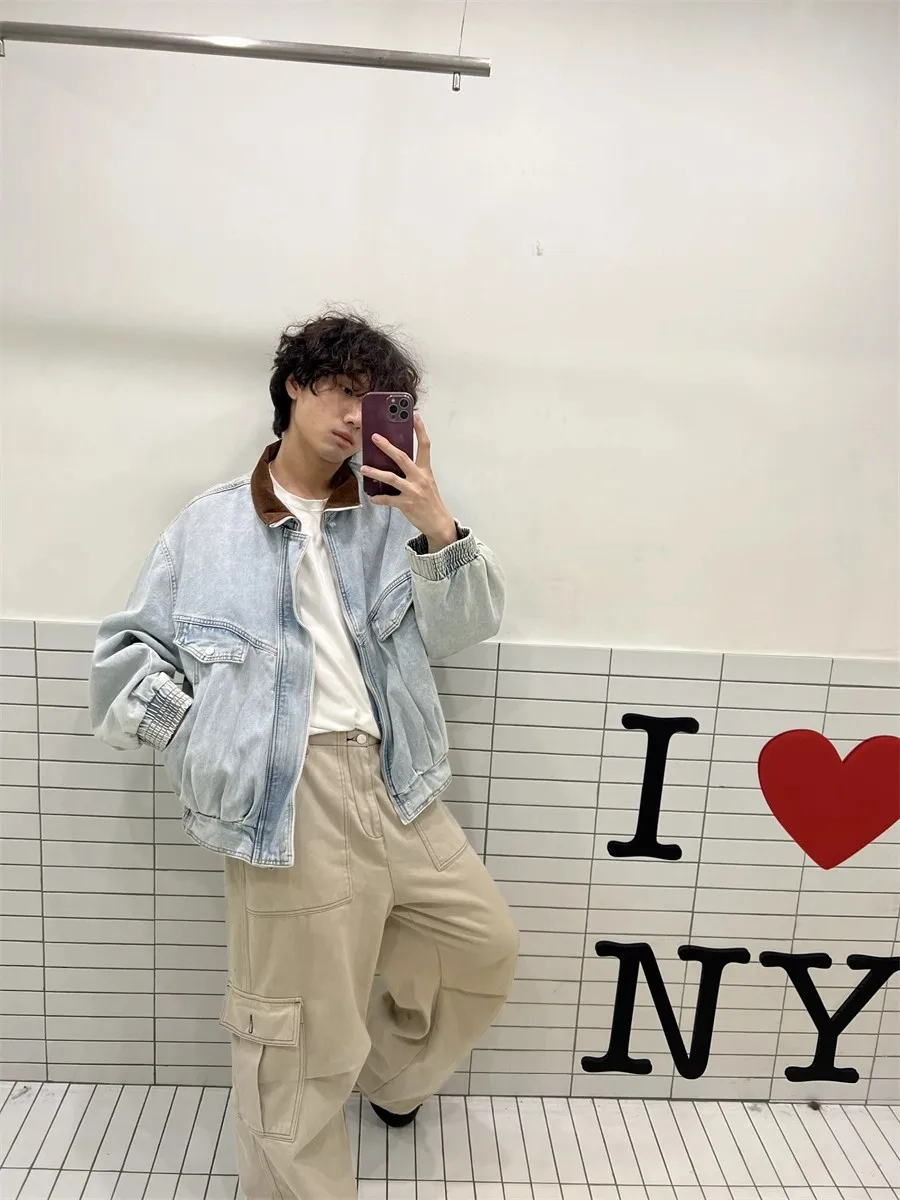 

Мужская джинсовая куртка в стиле американского ретро, с цветными вставками, свободного кроя, с воротником-стойкой, для весны и осени