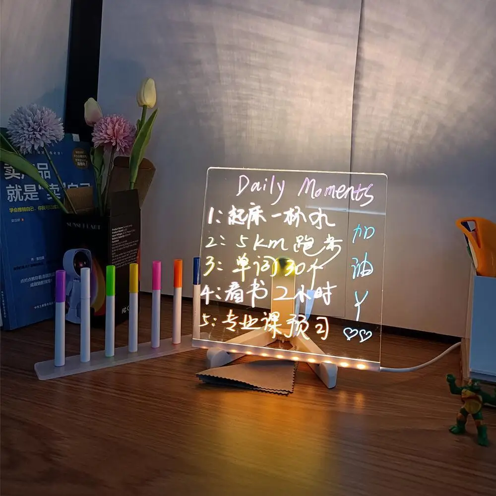 LED Lamp Note Board Erasable Acrylic Children‘s Drawing Board With 7 Colors Pen Bedroom Night Light Birthday Kids 15/20CM