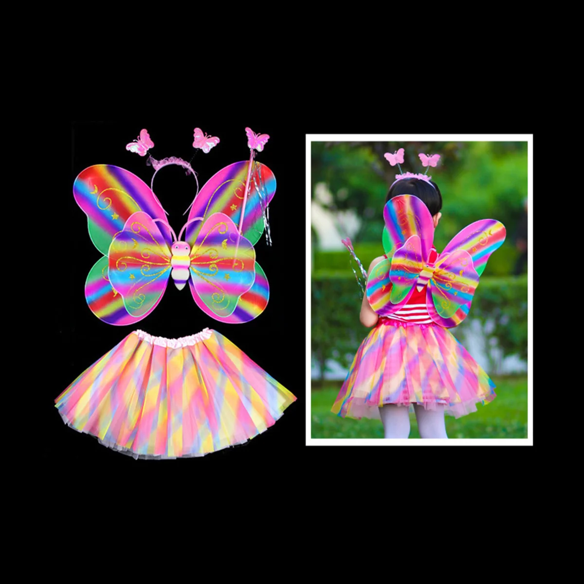 

4 шт., костюм феи с крыльями бабочки, прочный комплект крыльев, повязка на голову с палочкой, юбка-пачка, день рождения, Хэллоуин, вечеринка, крыло феи