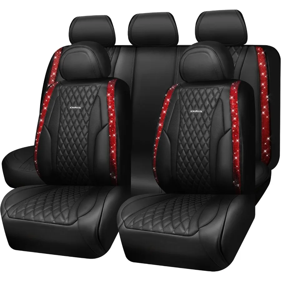 

Nappa Leather Bling Diamond Black Red Seat Covers Full Set Waterproof Calfskin HeavyDuty AntiSlip Universal Fit for 95% Auto SU