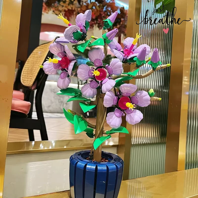 

In Stock Hibiscus Flower Potted Bonsai Plant Bouquet Girls Assembling Building Blocks Holiday Gifts Home Decoration Ornaments