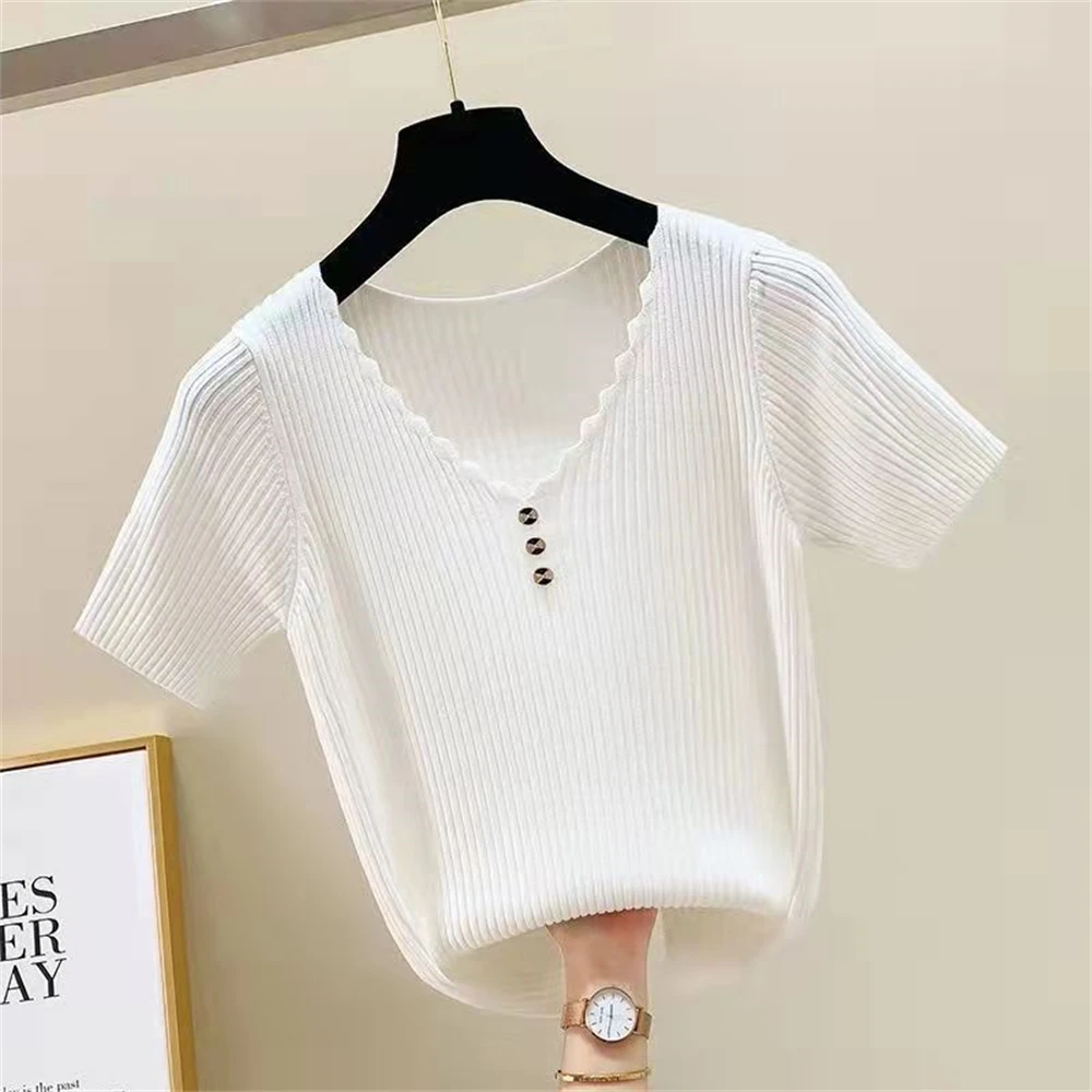 Women\'s Summer New Style Short Sleeve Vest Loose Buttons Pullover V-neck Short Sleeve Vest High Elasticity Comfortable Slim Vest