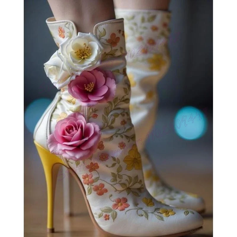 Pink Flower Decor Embroidery Ankle Boots Pointed Toe Shoes for Women Stilettos High Heels Elegant Shoes 2024 Zapatos Para Mujere