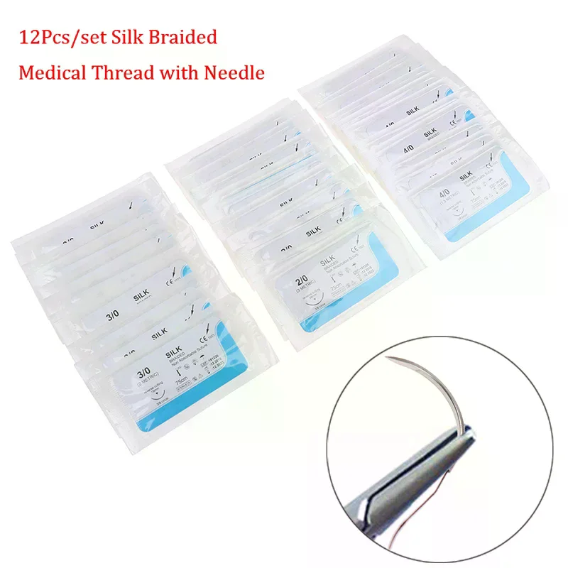 12PCS 2/0 3/0 4/0 Dental Surgical Needle Silk Medical Thread Suture Surgical Practice Kit Teaching Demonstrations