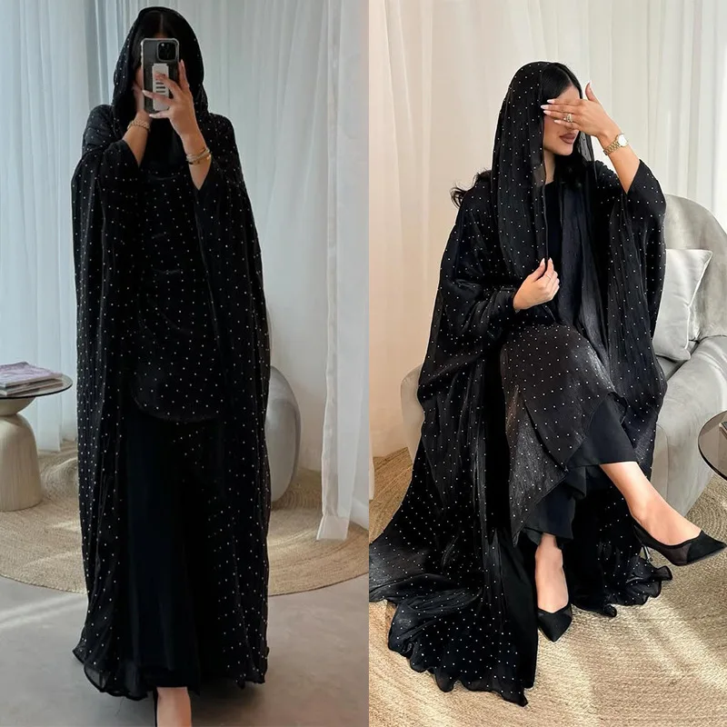 

Luxury Black Abaya New Design 2025 Light Stones Work 2 Piece Abaya Set Glitter Diamond Fabric for Muslim Women With Scarf