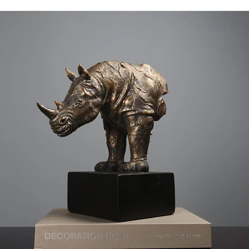 Resin Retro Rhino Animal Sculpture Office Decoration Living Room Desktop Ornament Wedding Gifts Home Decor Accessories