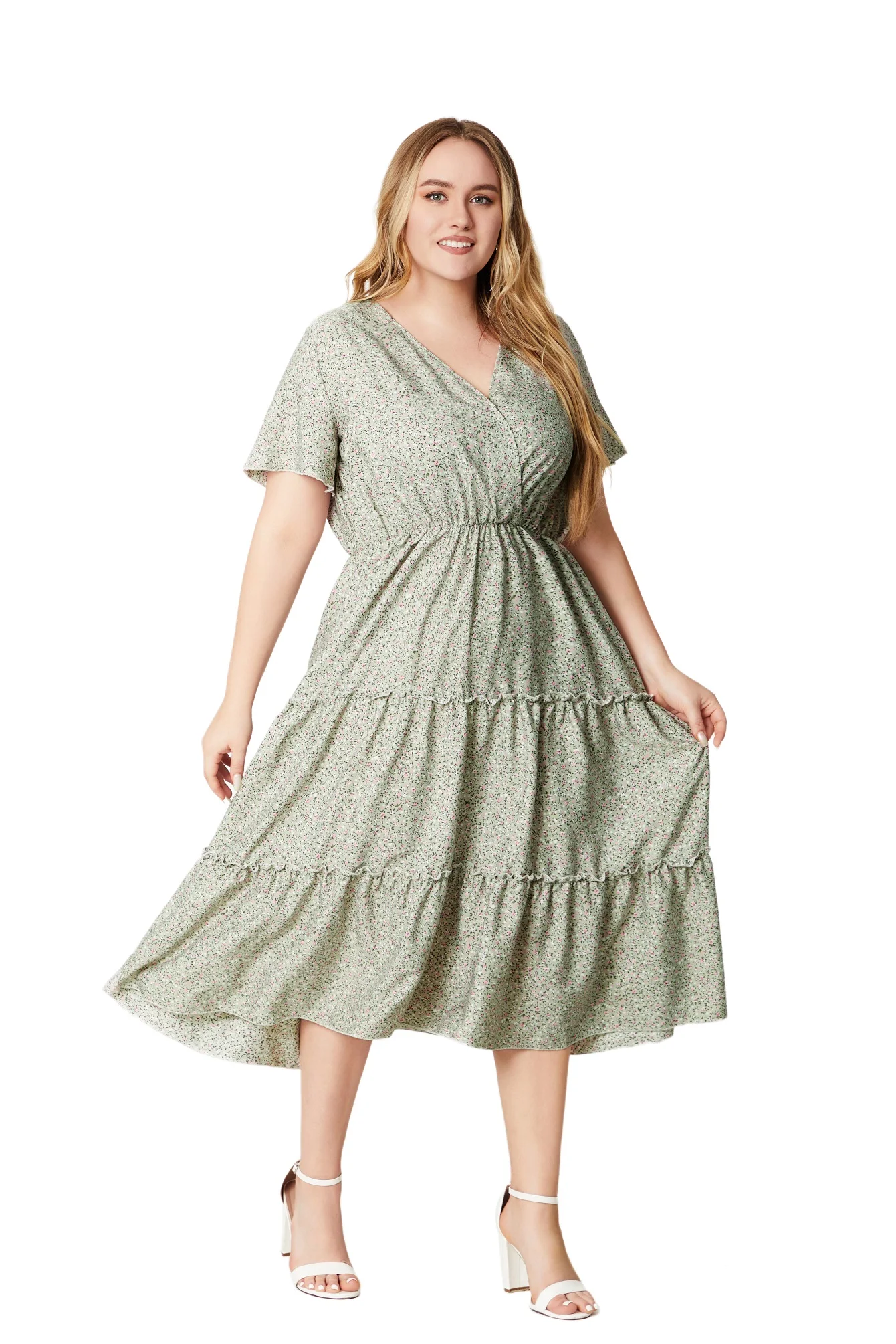 Plus Size manica corta con scollo a V stampa floreale Maxi abiti da donna