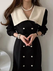 Neploe Chic French Vintage Contrast Flip Collar Vestido Femme Winter Double Row Buckle Waist Slimming Long Sleeve Fishtail Dress