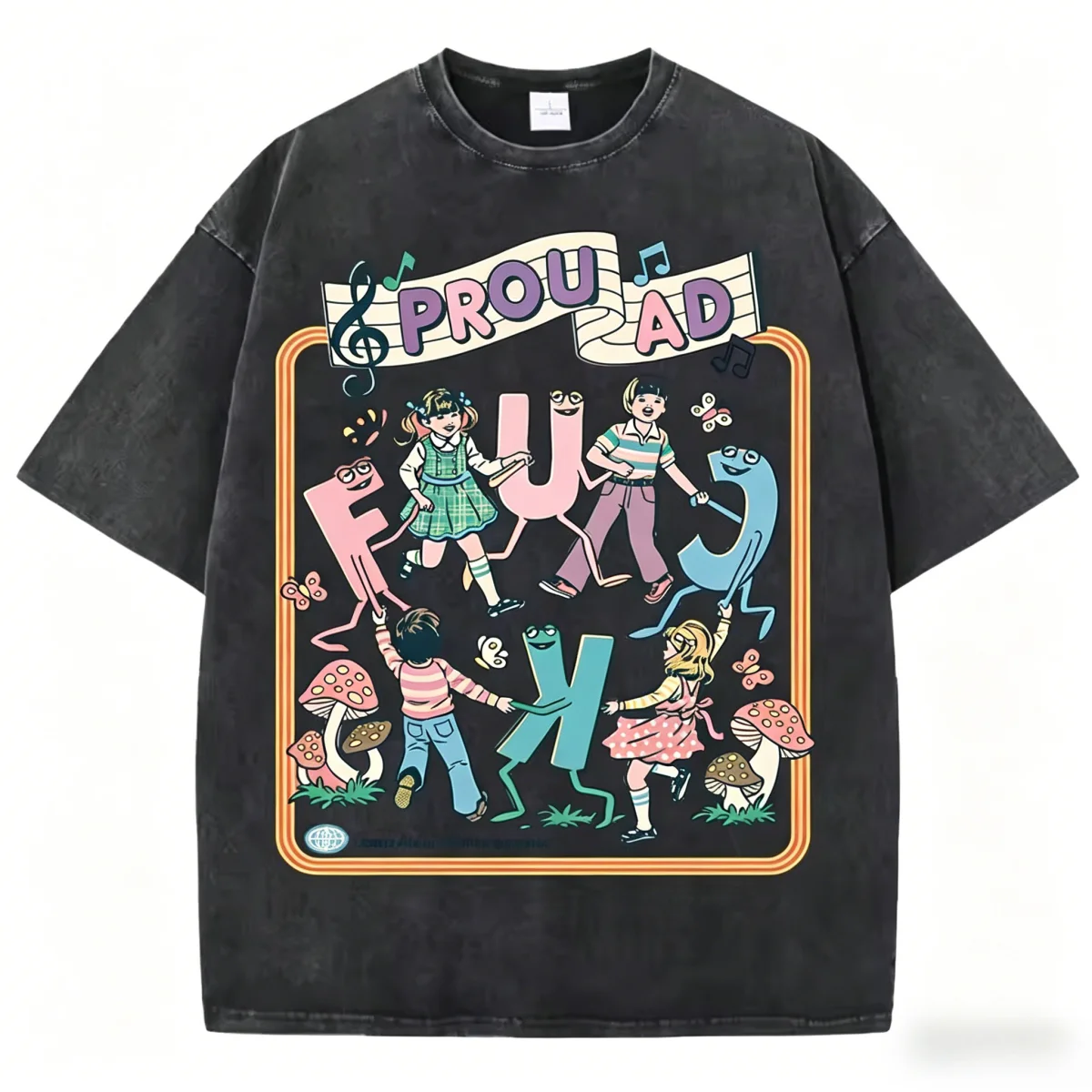 Happy Playing Children Pattern Retro T-Shirt Men Summer Soft Clothing Trendy Crewneck Washed Tops Oversize Cotton Streetwear