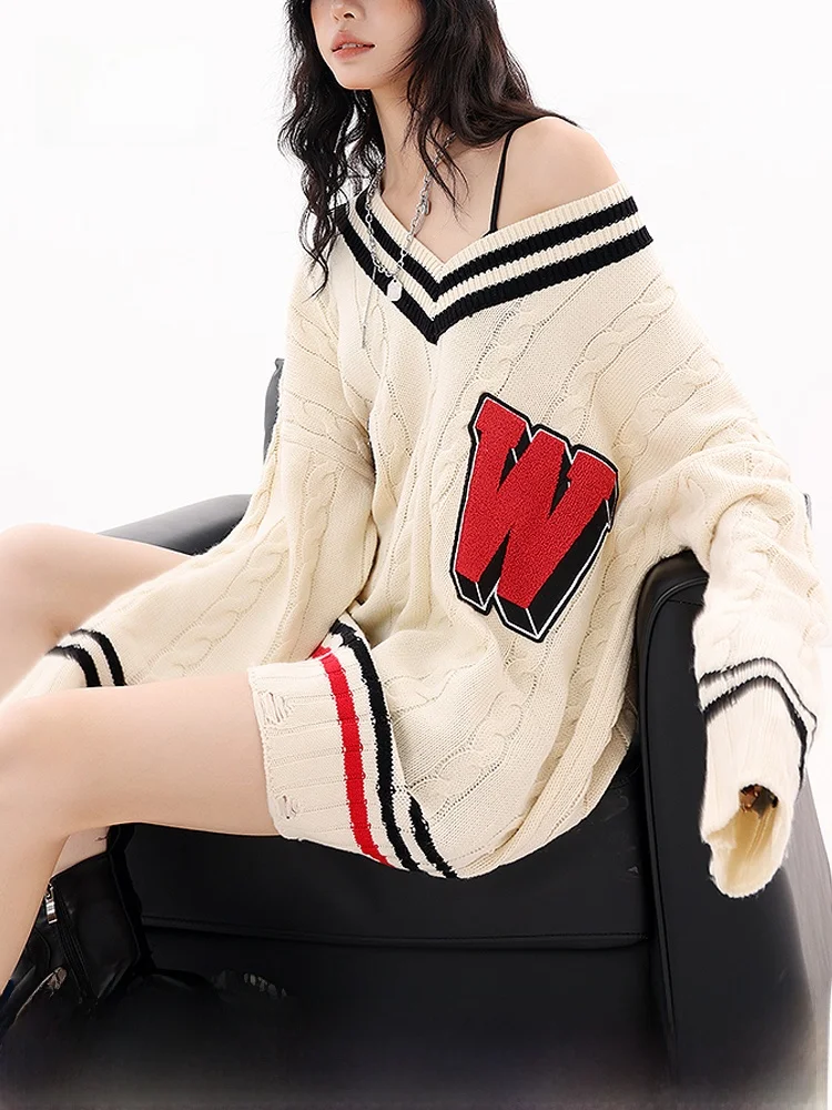 

NZNB Autumn Winter Loose oulder Bared V-ne Knitted Sweater Women Casual Versatile Comfortable Long Sve Top