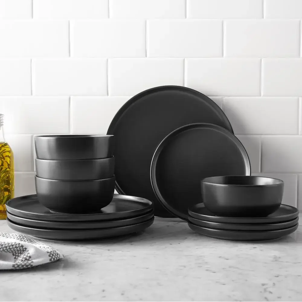 Matte Black Stoneware Dinnerware Set Minimalist Design 12-Piece Set Microwave & Dishwasher Safe Glazed Stoneware Plates & Bowls