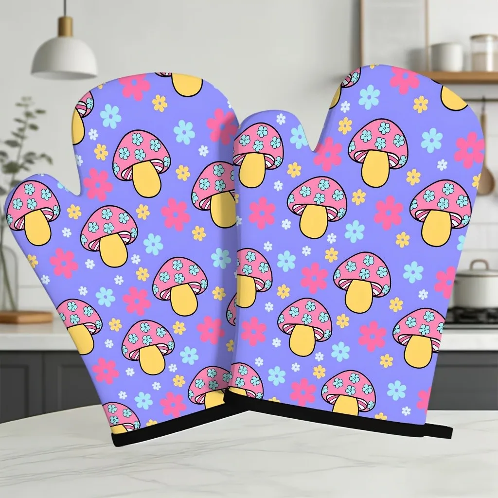 Mushroom Floral Print Oven Mitts Set of 2 Heat Resistant Kitchen Baking Gloves