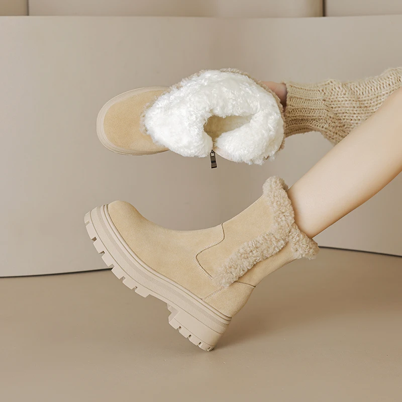 

Winter Women Ankle Boots Warm Wool Cow Platform Modern Boots Genuine Leather Motorcycle Short Boots Mid Heel Shoes Snow Boots