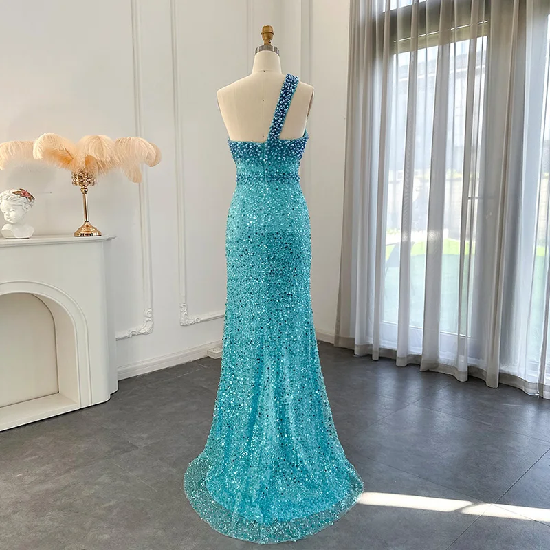 LSCZ113 Fashion Ladies Beading Sleeveless Luxury Dress Strapless Blue Sequin Evening Dress