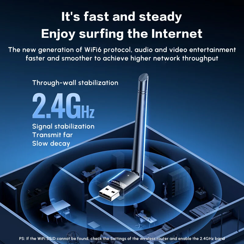 Adaptador WiFi UGREEN USB-A para PC de escritorio, adaptador AX300 USB WiFi 6, antena de alta ganancia 3dBi, controlador incorporado para Win 11/10/7