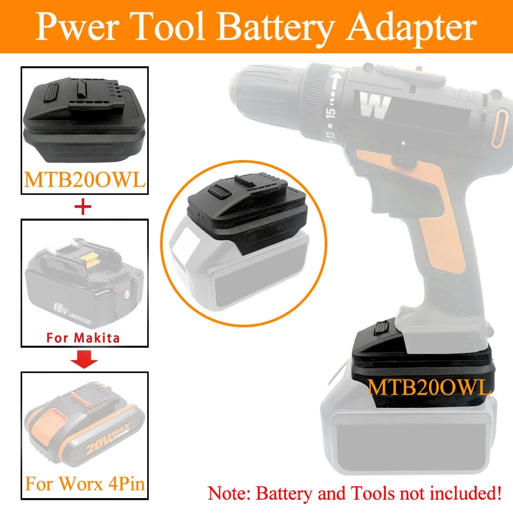 Adaptador de batería de iones de litio para baterías Makita 18V BL1830 BL1860 a convertidor de herramientas Worx 20V para herramientas eléctricas Worx Orange de 4 pines