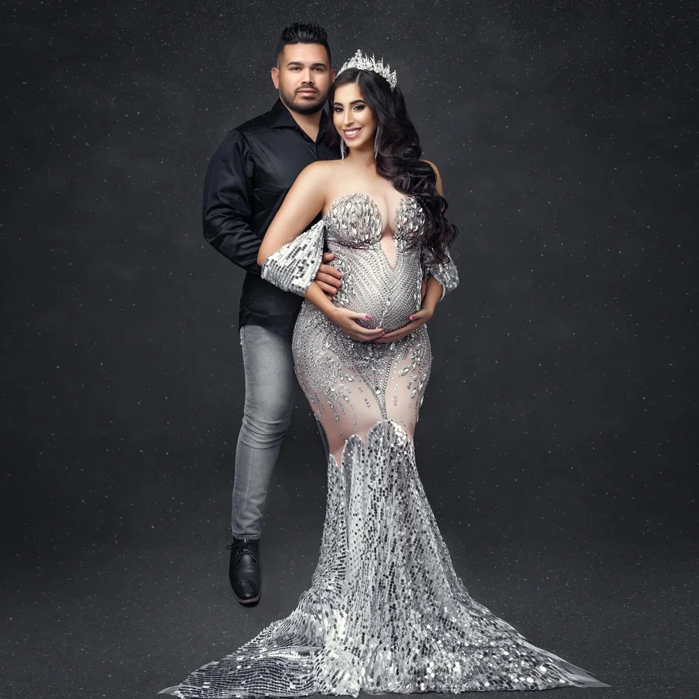Elasticity Sparkly Rhinestones Maternity Photography Gown Large Size Dress Suitable For Pregnant Women Photography Clothing Prop