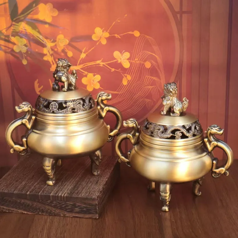 HYS Brass Dragon and Phoenix Incense Burner Elephant Foot with Lid Kirin Town House Incense Burner Household Binaural
