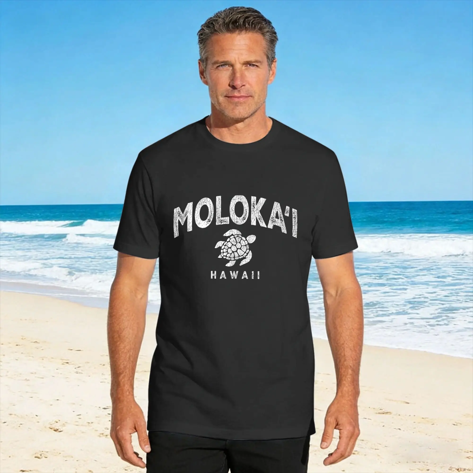 Camisetas de playa hawaianas vintage para hombre, con diseño de tortuga de Molokai, Hawái, ropa de algodón, camiseta divertida de manga corta con cuello redondo para verano