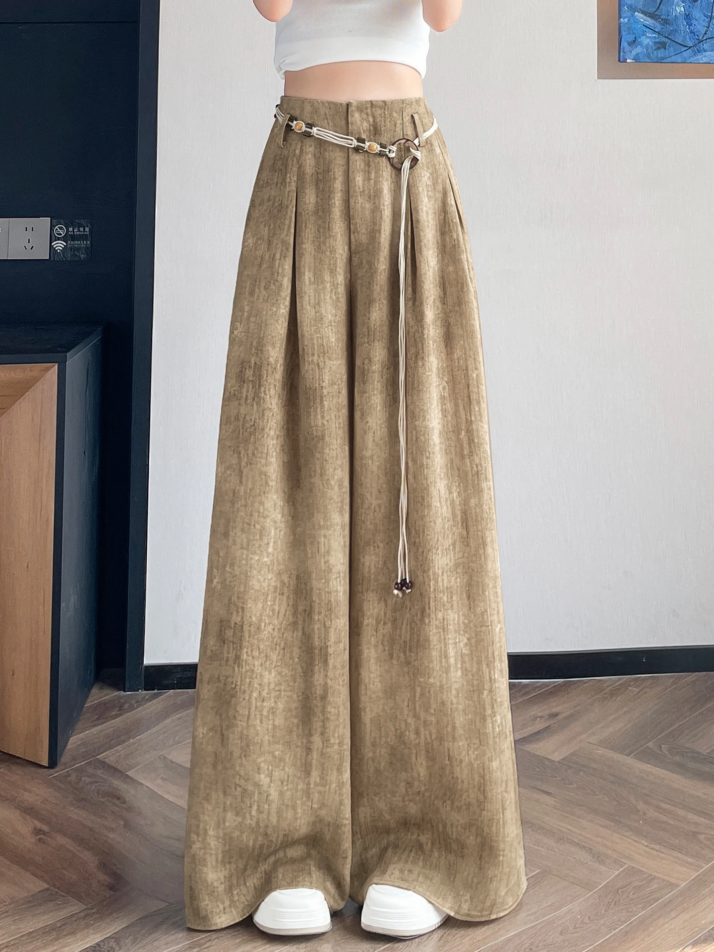 Women's A-Line Wide Leg Pants Loose Fit Linen Thin Spring Summer Floor-Length Straight Cut Casual Trousers