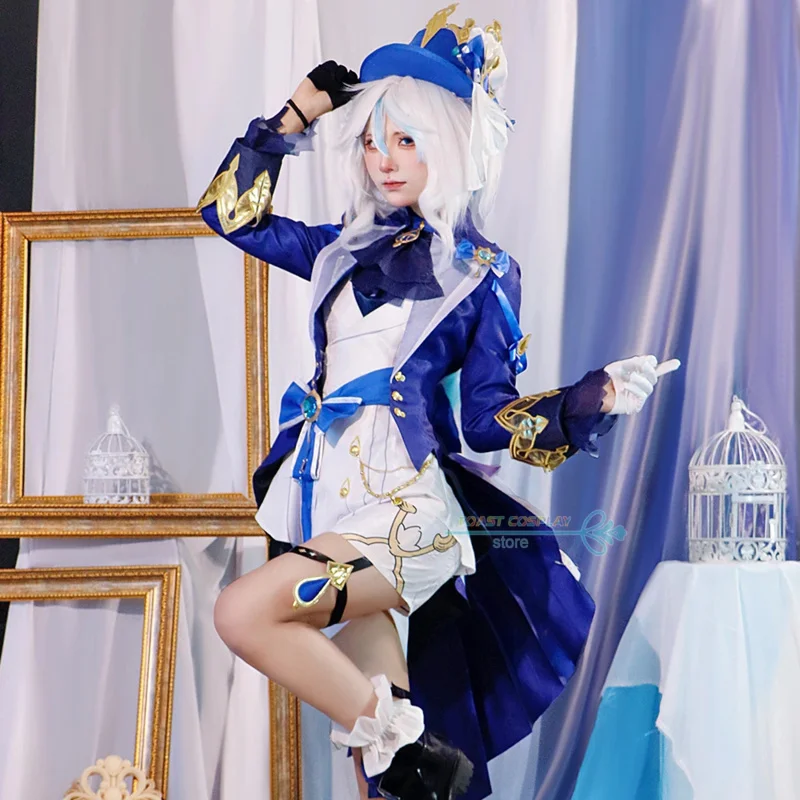 Game Genshinimpact Fontaine Character Focalors Cosplay Costume with Hat Patterned Fabrics Focalors Sexy Anime Costume Wig Women