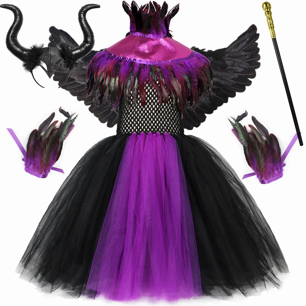 Girls Halloween Evil Dark Queen Tutu Dress Hi-Low Hem Kids Wicked Witch Ball Gown for Cosplay Party Carnival Fancy Costume 1-12Y