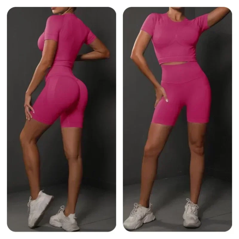 New Seamless Peach Hip Solid Color High Stretch Yoga Short Sleeved Shorts Set for Running, Sports and Fitness Two-piece Set