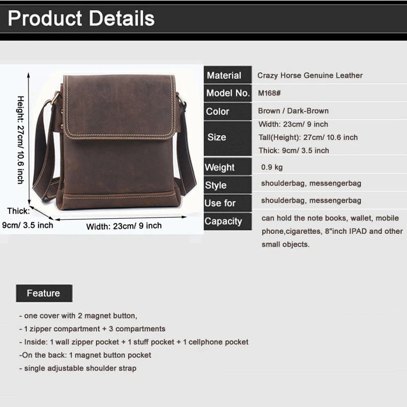 Vintage Crazy Horse Genuine Leather Men's Messenger Bag Real Leather Shoulder bags for Men Crossbody Bag for IPAD Case Fashion view 2