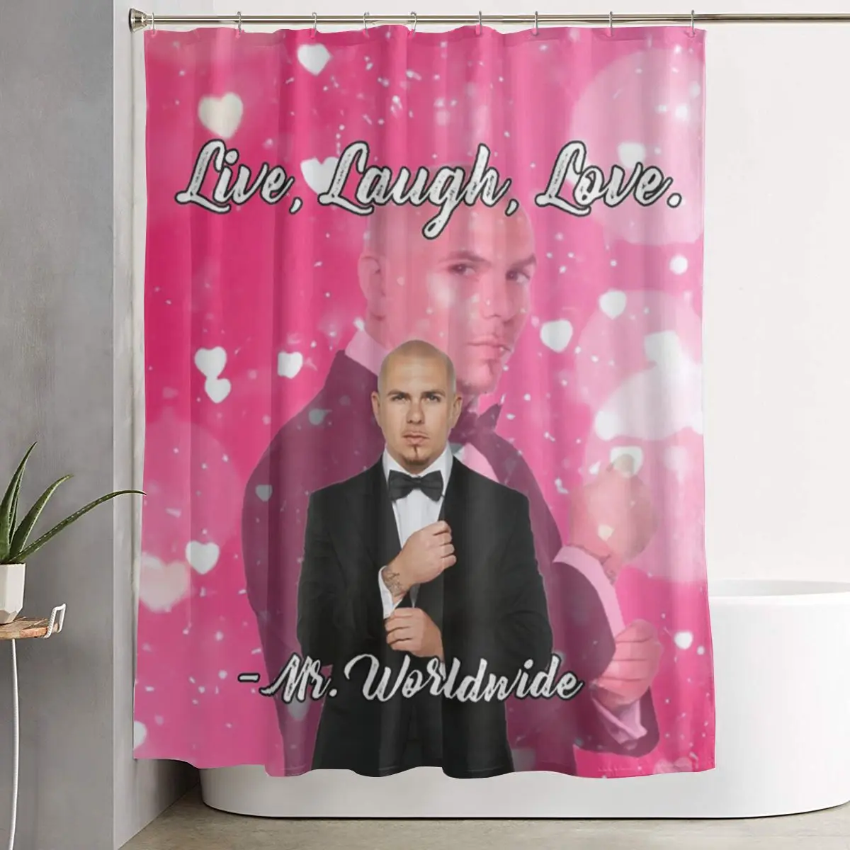 

Mr. Worldwide Says To Live Laugh Love Pink Shower Curtain Bathroom Polyester Waterproof Bath Curtains with Hooks