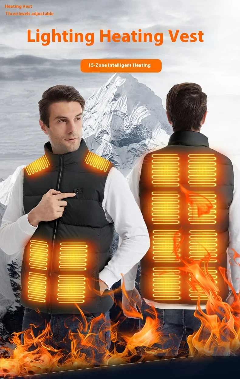 2025.Mens Intelligent Lighting Vest with 15 Zone Heating Dual Control Electric Warming Waistcoat LED Safety Jacket for Outdoor