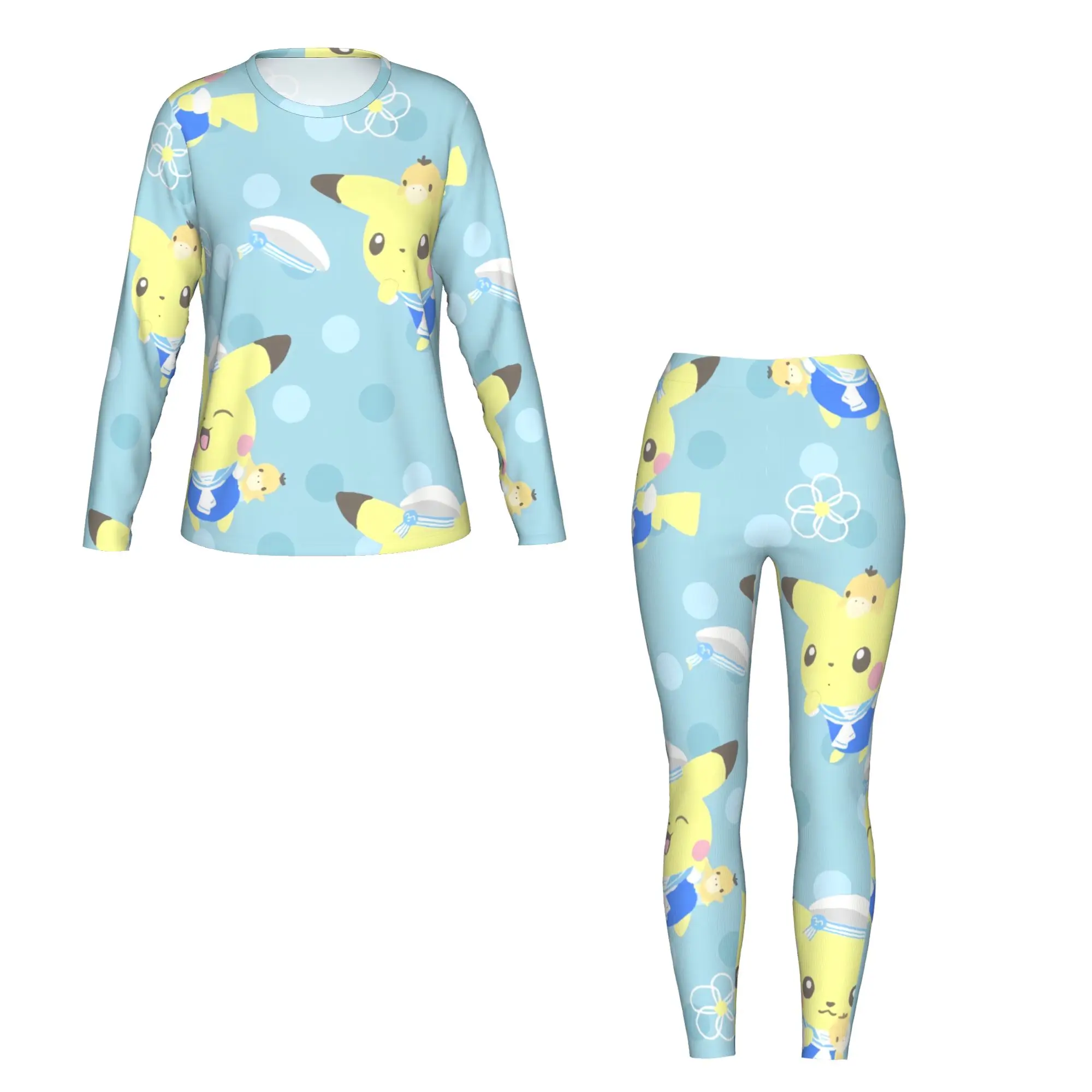 Женская футболка с длинными рукавами и леггинсами с милым принтом Пикачу, 2 шт., подходит для домашних путешествий, фитнеса и т. д.