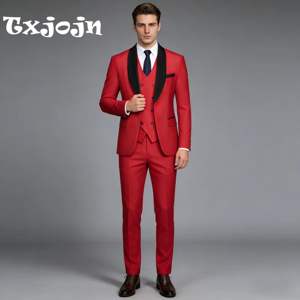 

Premium Red Black Shawl Lapel For Men Formal Single Breasted 3PCS Suit Set Includes Jacket Vest Pants Party Occasion Customized