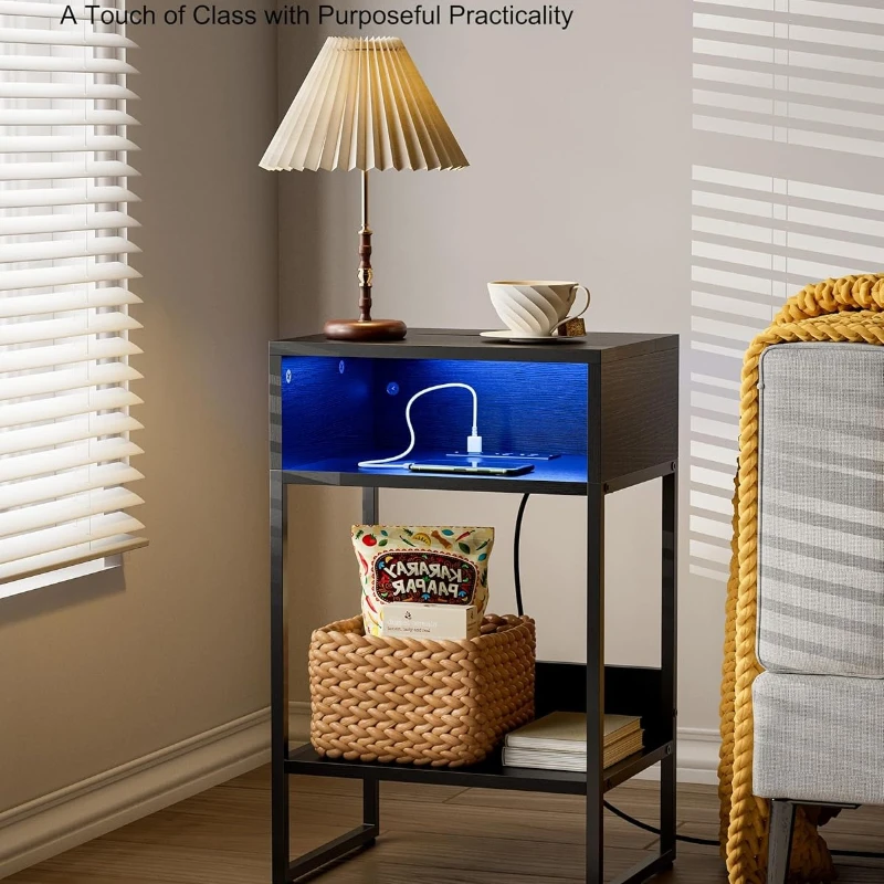 LED Nightstand with Charging Station USB A&C Ports Storage Compartment Bed Side End Table with Color Charging Light Strip Black