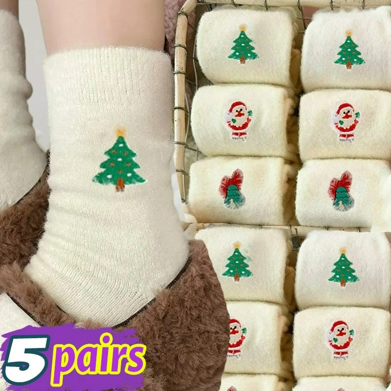 

1/5 пар рождественских плюшевых носков из меха норки для женщин, зимние утепленные теплые чулки средней длины с вышивкой «Рождественская елка» Санта-Клауса
