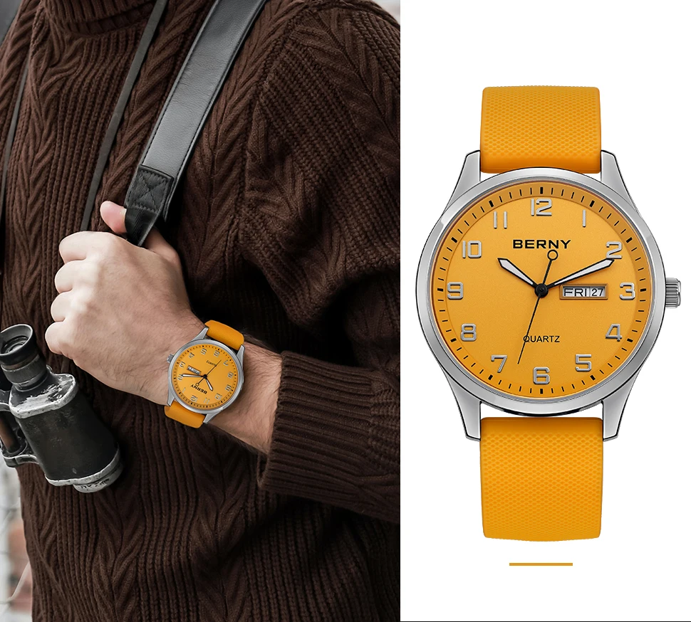BERNY Uhren für Herren, Quarz, lässig, Sport, Herrenuhren, weiches Silikonarmband, großes Zifferblatt, Kalenderwoche, leicht ablesbare Armbanduhr – Detail 12