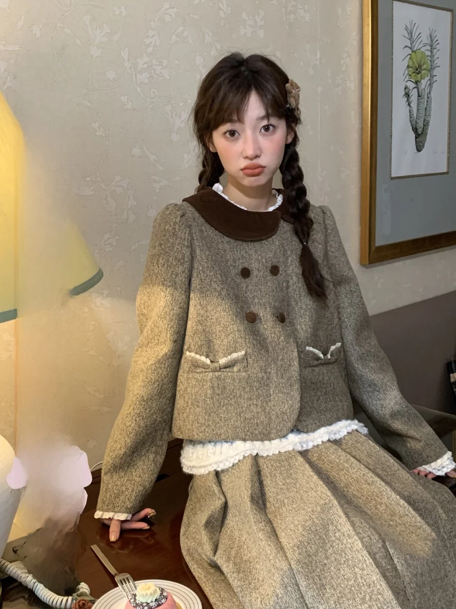 

Бархатный кукольный воротник, комплект джета и юбки, женский модный зимний наряд, костюм из двух предметов контрастного цвета, Jiang Jam Qian Jin Feng