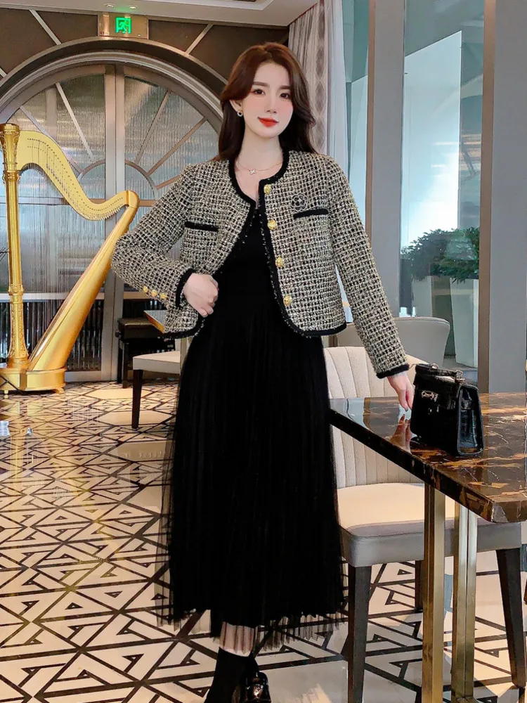 Hochwertige Herbst koreanische süße kleine duftende 2-teilige Sets Frauen Outfit elegante Mode Tweed Jacke Mantel lange Rock Anzüge