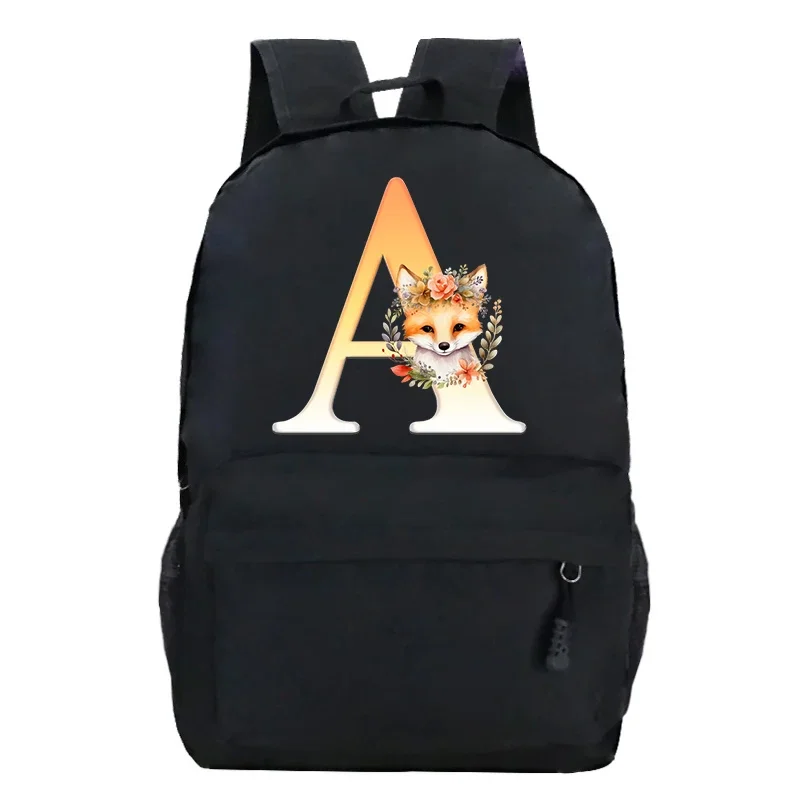 Fox English Alphabet Backpack Floral Plant Design Unisex Students School Bag Cartoon Bookbag Laptop Travel Rucksack Outdoor Bag