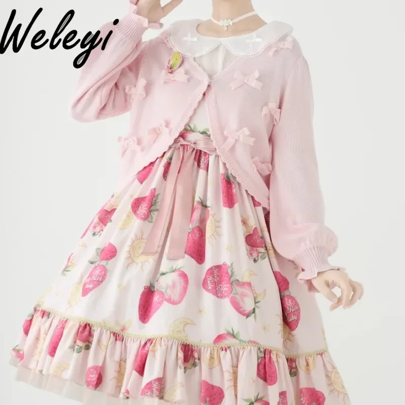 Lolita Girly Bogen Kurze Rosa Pullover Strickjacke Mujer Herbst Neue Weiche Süße Mädchen Eine Taste Langarm Kurze Strickjacken