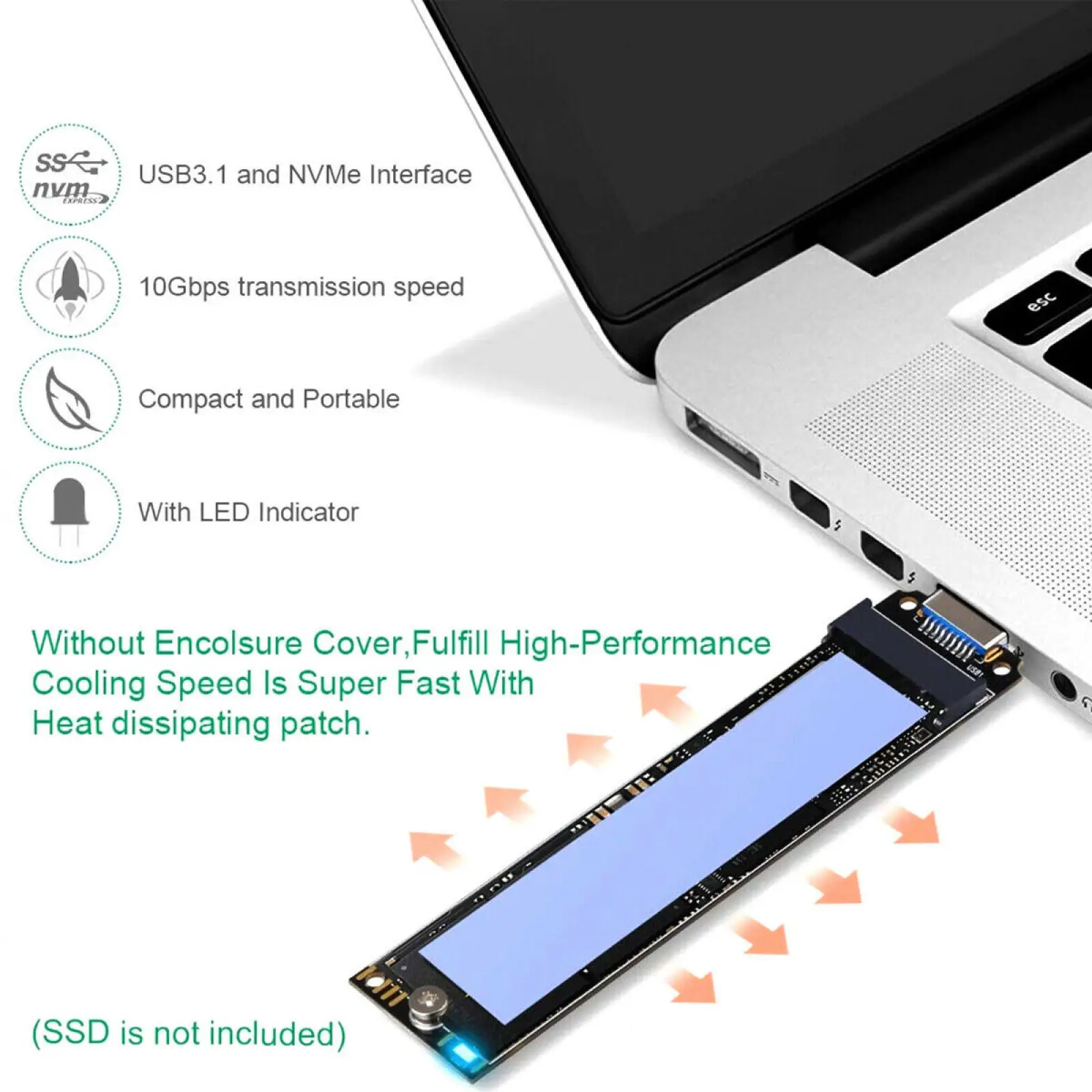 M.2 NVME Adapter USB 3.1 NVME Adapter 10Gbps Konwerter M.2 na USB-A 3.1 Obsługuje M Key M.2 NVME SSD Konwerter dysku twardego