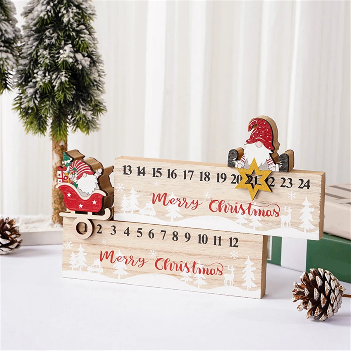 Christmas Countdown Calendar Wooden Xmas Holiday Wood -Calendar Countdown Decor Ornament Santa- Calendar