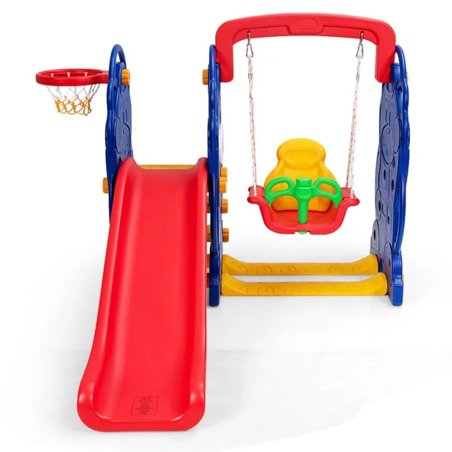 

Slide Swing Playset All-in-1 Playground Sets for Backyards w/Basketball Hoop Climber Stairs and Swing Indoor Outdoor Long Slide