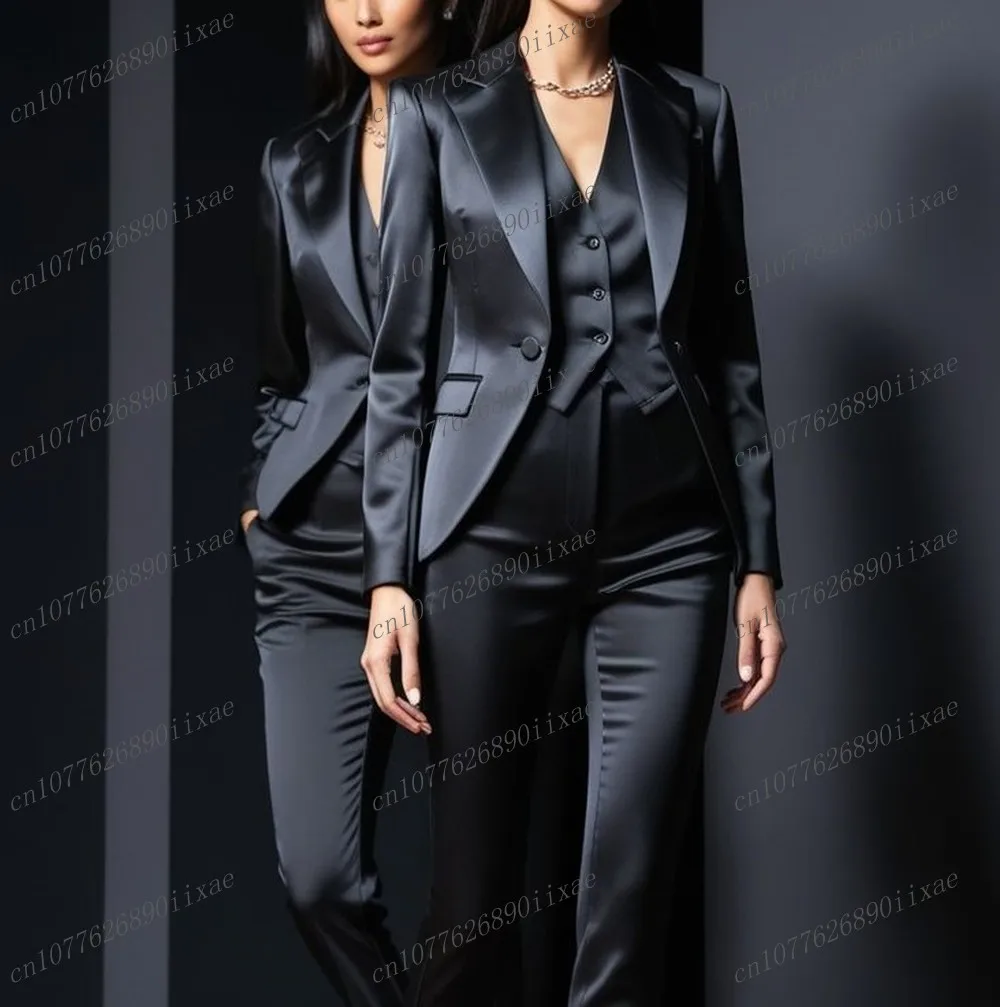 

New Dark Grey Acetate Satin Women Suits Lady Formal Business Tuxedos Mother Wedding Party Ladies 3 Piece Set Jacket Vest Pants