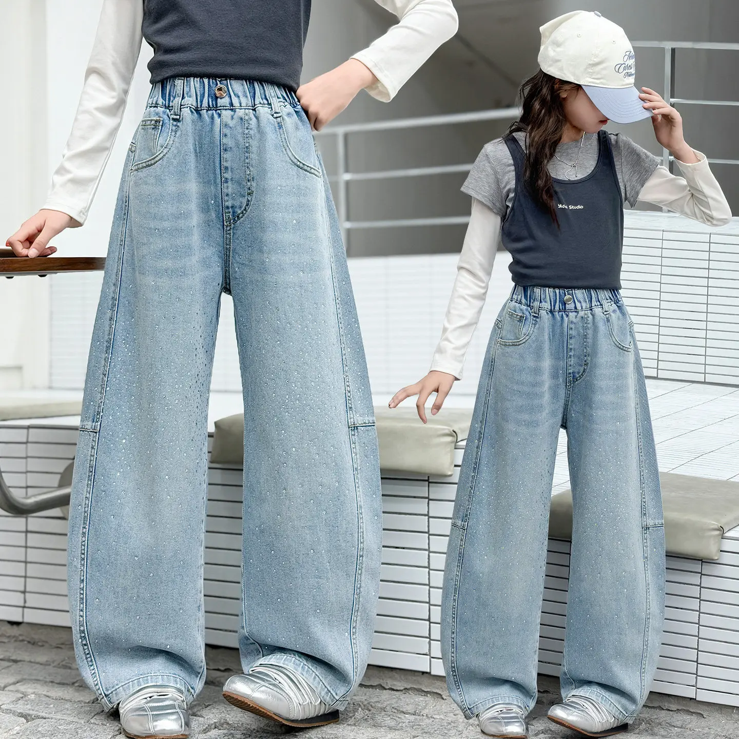 

Girls' Sequined Denim Jeans, Blade-Patch Straight-Leg Pants, New-Style Loose Denim Pants for Big Kids, Ages 7-14,Spring