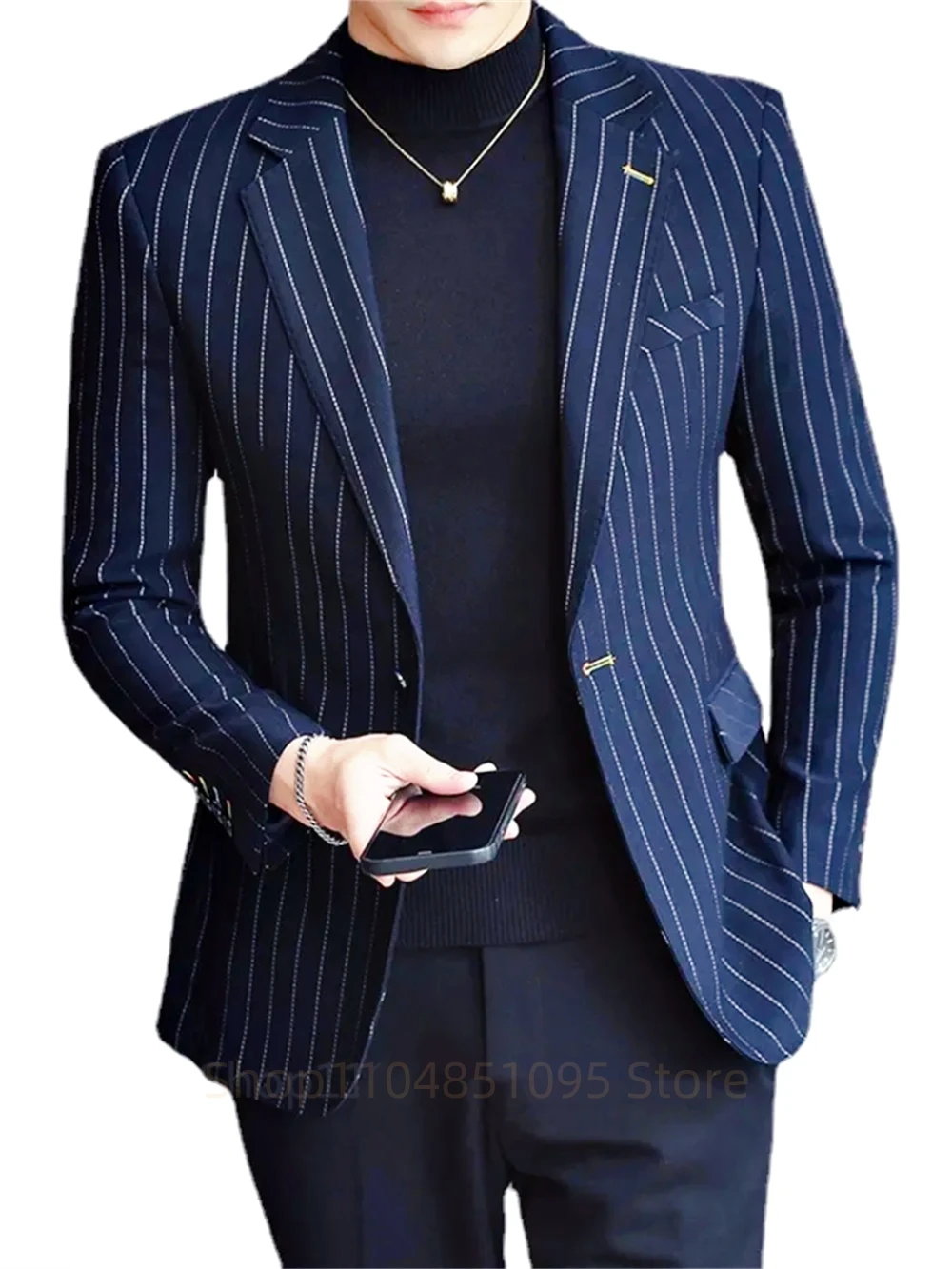 

Elegant Navy Blue Men Striped Business Blazer Suit Slim Fit Groom Male Casual Wedding Suits Peak Lapel Blazer Men Clothes Jacket